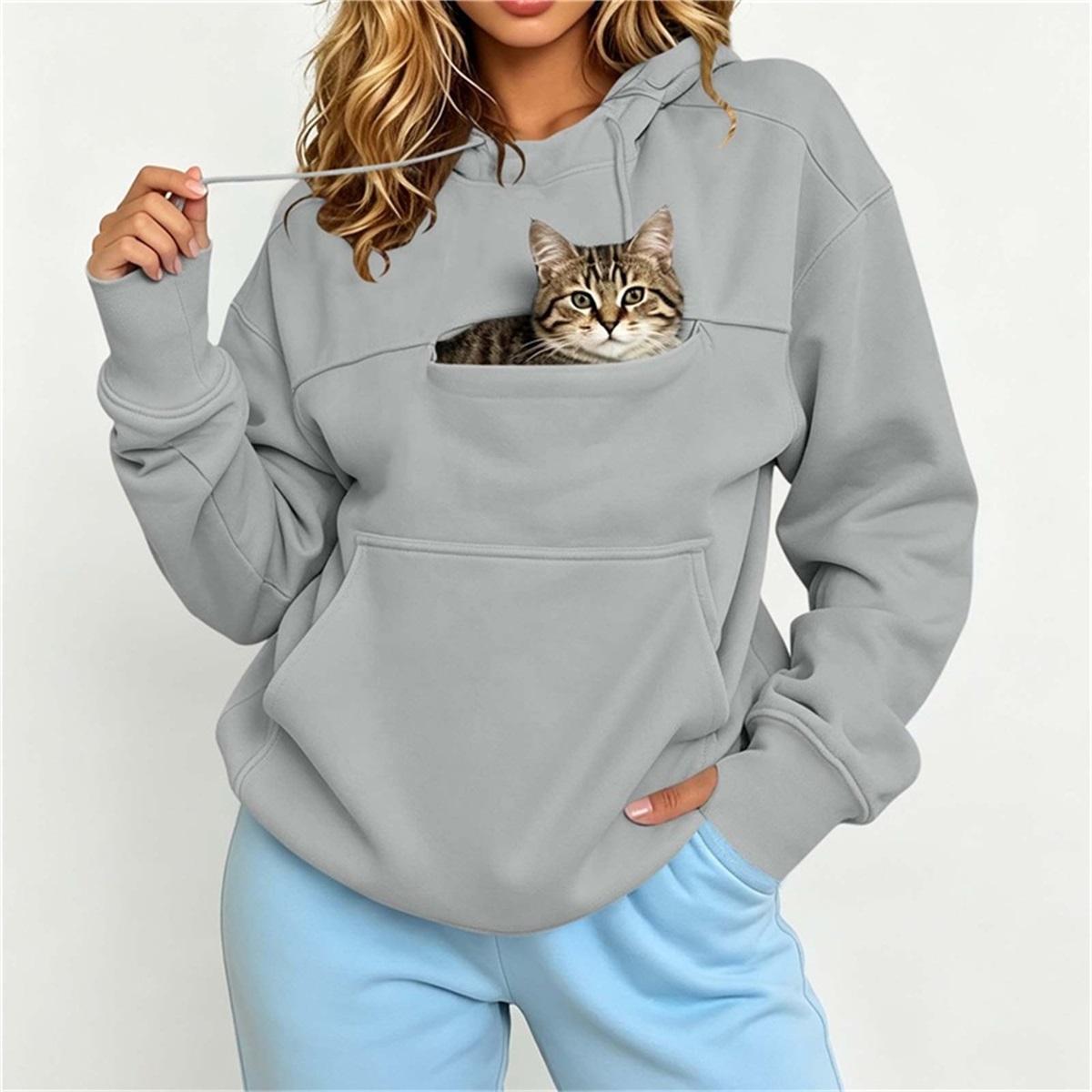 Damen Kapuzenpullover mit doppelter Tasche, Langarm, mit Kordelzug, Kapuze, Sweatshirt, Tasche zum Halten von Haustieren, Locker, Lässiger Pullover, Damen Oberteile XXL grau