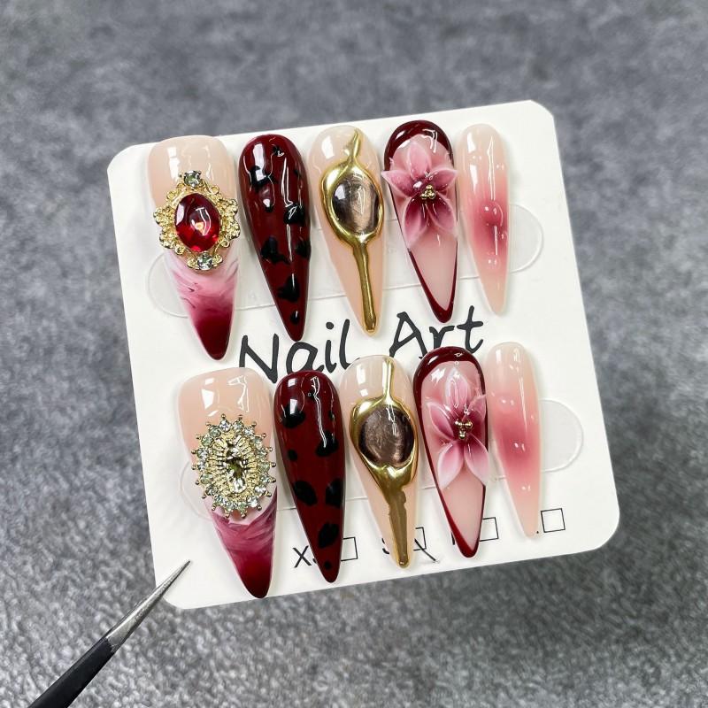 Long Nail Tips With 3D Floral Leopard Print Embossed Design - Press-On Acrylic False Nails Women Small