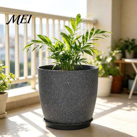 Portable Flower Containers for Patio Modern Plant Pot with Saucer, Gray Outdoor Pots Drainage Holes, Stone-Look Planter Indoor Plants Durable