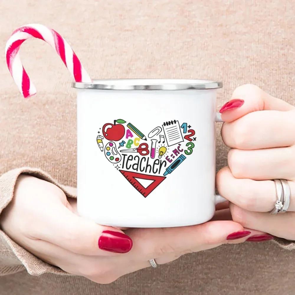 Teacher's Day Stationery Heart Apple Enamel Mugs Handle Cups Coffee Tea Milk Mugs Bonfire Party Best Gifts for Teacher