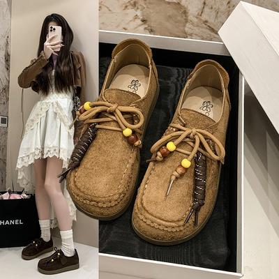 Retro Thick-soled Kangaroo Shoes for Women's New Comfortable Flat-bottomed Shallow Mouth Showing Feet, Small Casual Loafer Single Shoes for Women