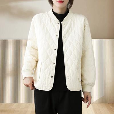 Women Jacket Stand Collar Long Sleeve Rhombus Texture Single-breasted Elastic Cuffs Solid Color