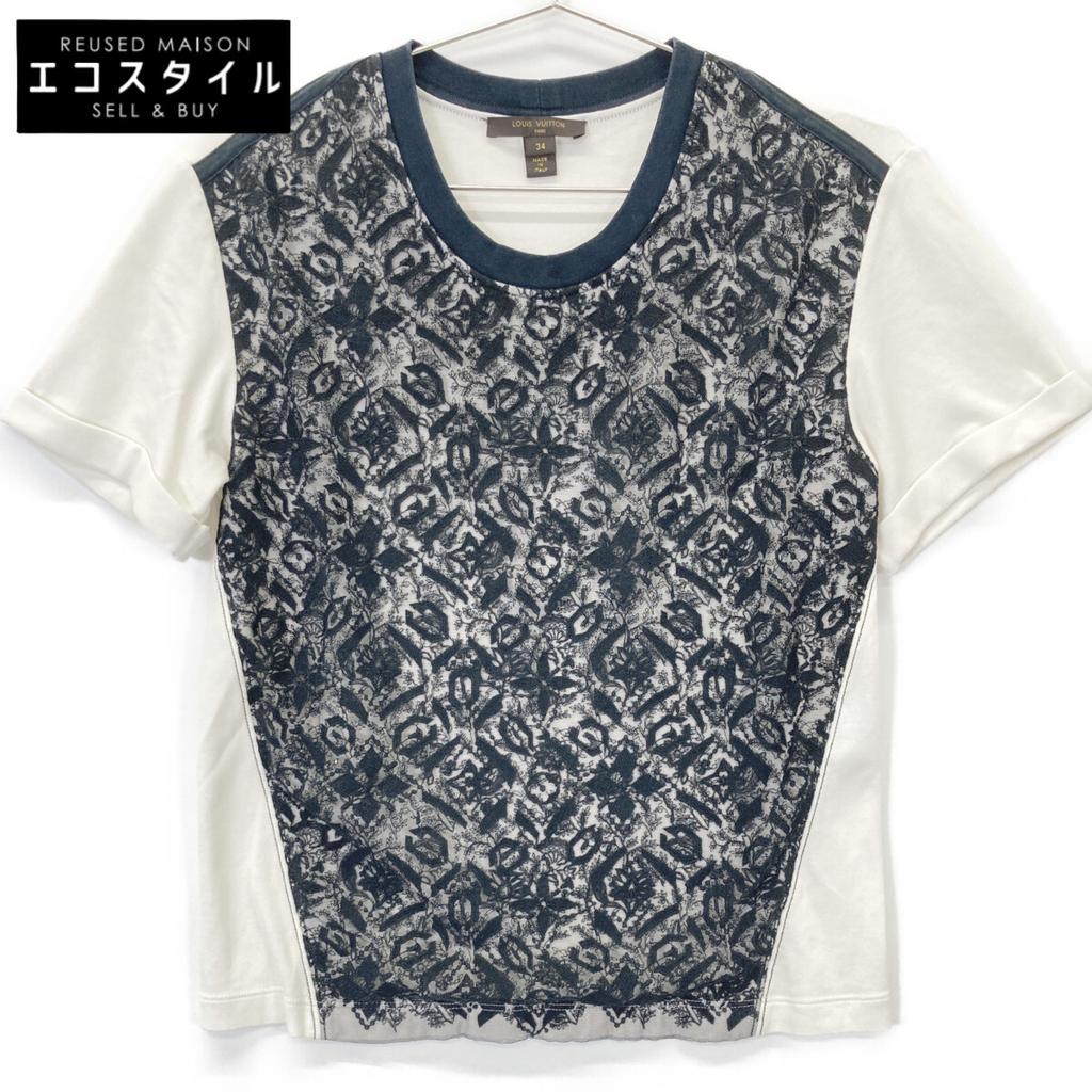LOUIS VUITTON FATS10QU0 White x Black Lace Monogram Embroidered Short Sleeve Top tops 34 whiteUsed
