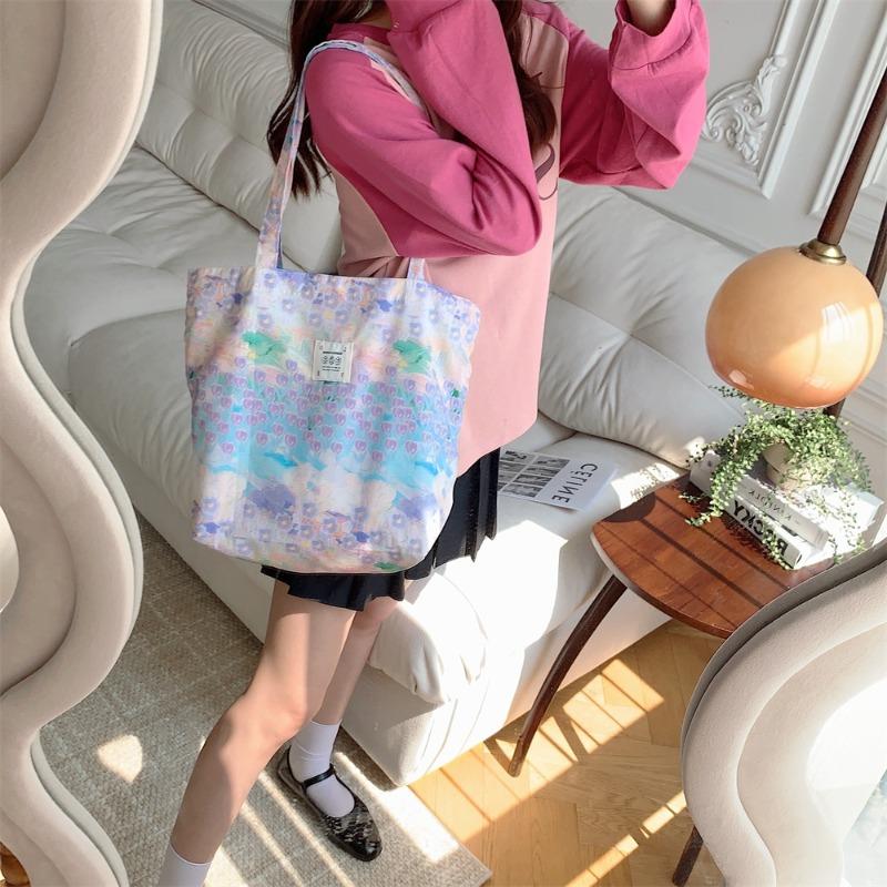 1 New Shoulder Floral Cotton Bag Pink Flower Sea Large Capacity Canvas Tote Handbag