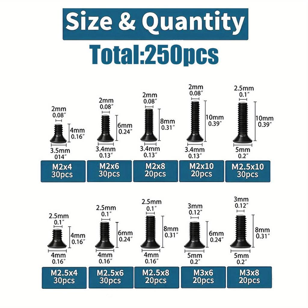 KM Black Cross Countersunk Head Screw Set Computer Notebook Screw 250Pcs Boxed Countersunk Head Screw M2M3