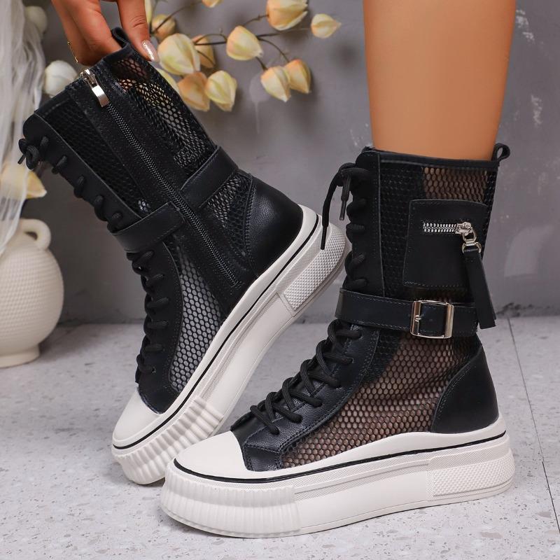 Summer Women's Mesh Breathable Side Zipper Lace-Up Front Platform Anti-Slip Wear-Resistant Short Shoe