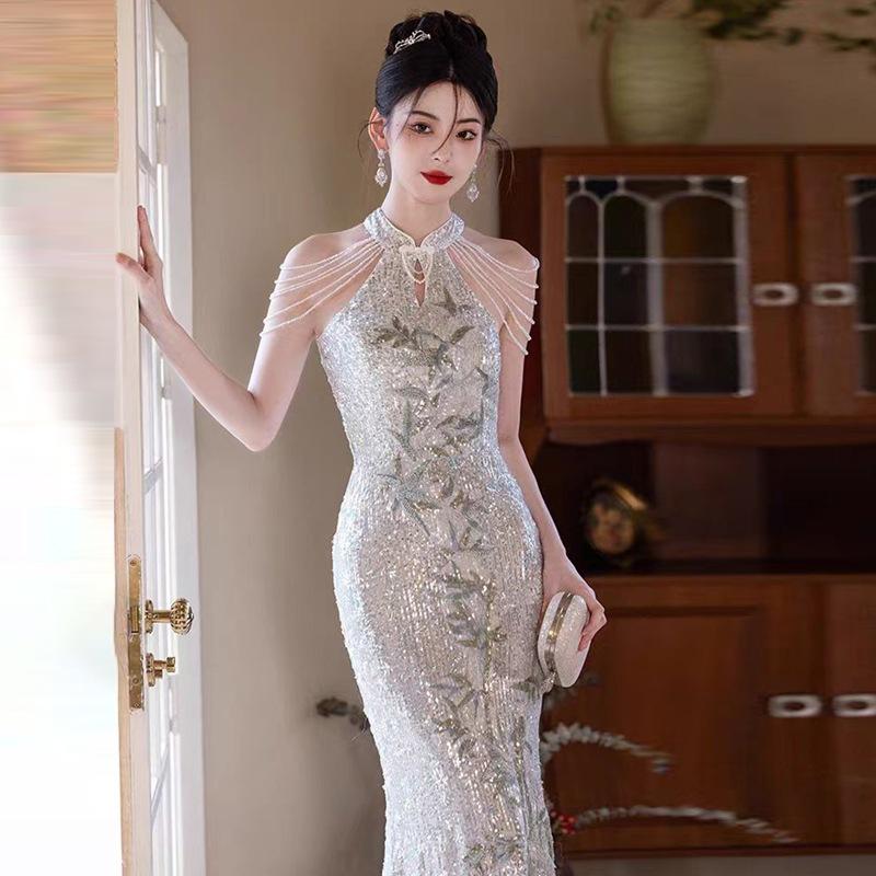Sequined Evening Dress Dress, High-end Sense, Light Luxury, Niche and Beautiful Fishtail Dress 1011 New Host Performance Clothes