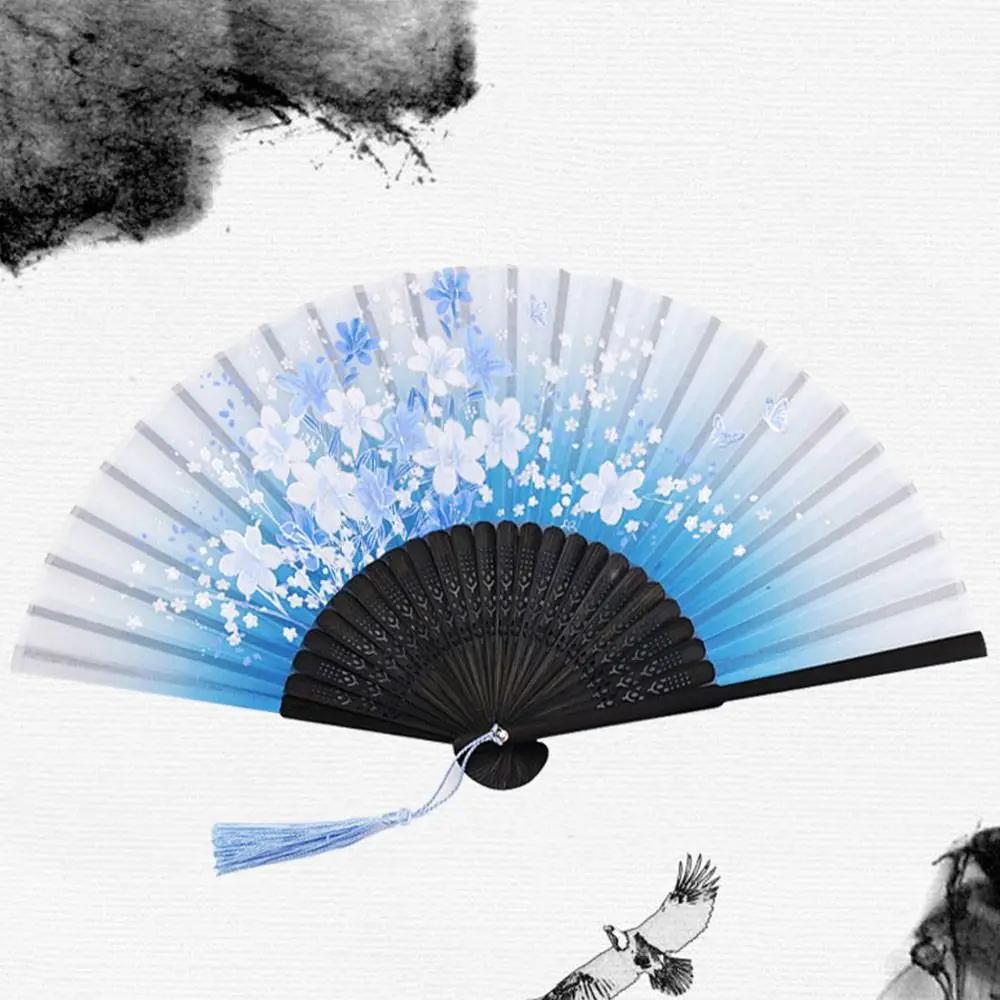 Silk Chinese Japanese Folding Fan Colorful Bamboo Vintage Style Folding Fan Hand Fan Tassel Elegent Female Fan