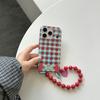 Ins Red Blue Checkered Pattern Heart Beads Wrist Strap Phone Case for iPhone 17 16 15 14 13 Pro Max  Back Cover Fund