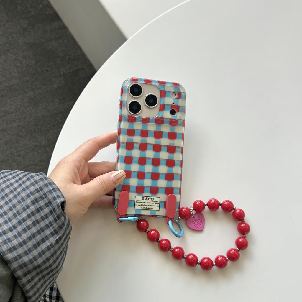 Ins Red Blue Checkered Pattern Heart Beads Wrist Strap Phone Case for iPhone 17 16 15 14 13 Pro Max  Back Cover Fund