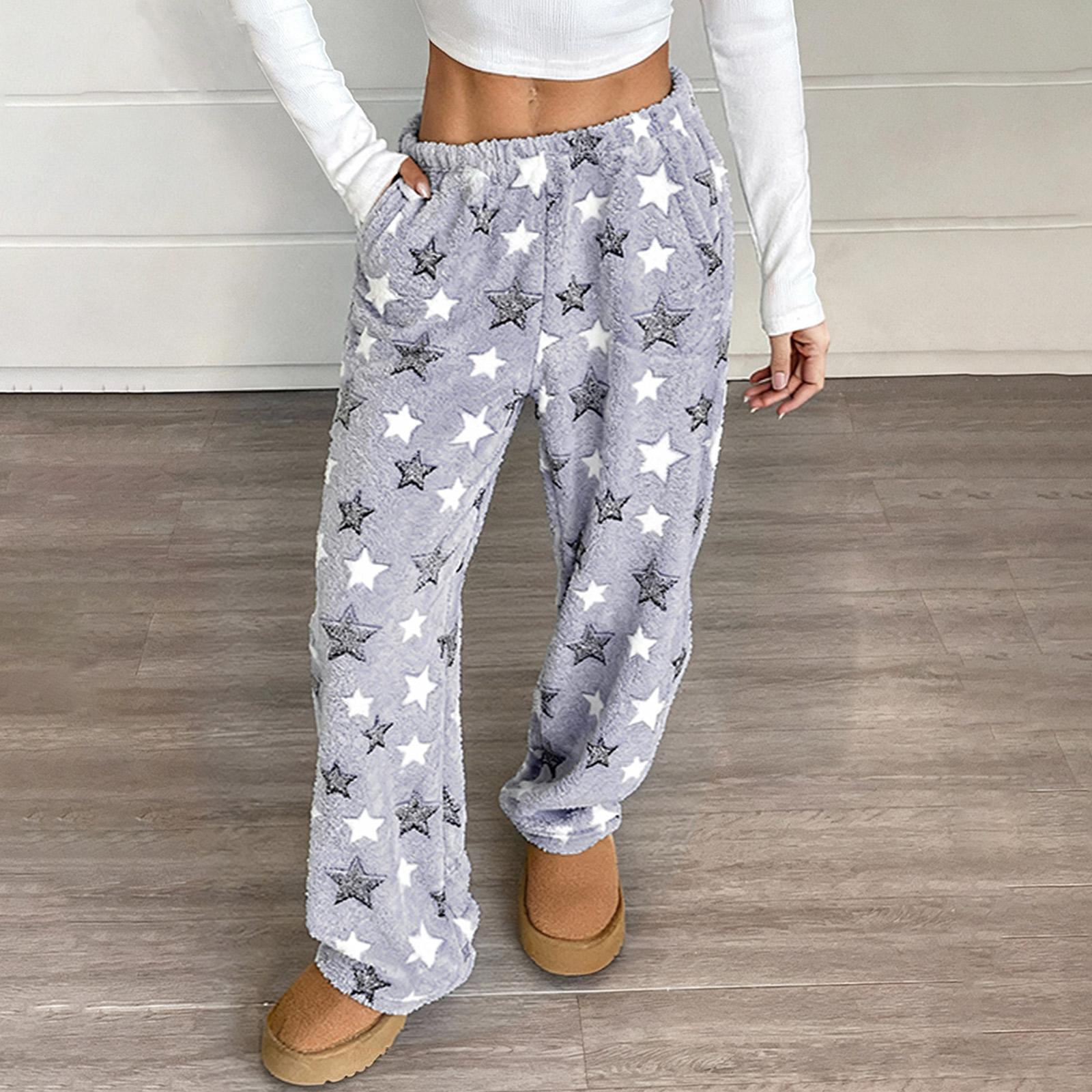 Женские пижамные брюки, плюшевые пижамные брюки, мягкие пижамные брюки с эластичной талией, брюки со звездами с 2 карманами L