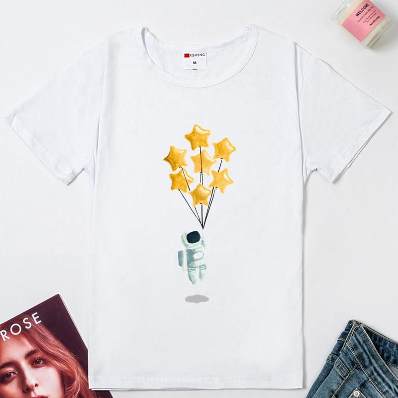Creative Astronaut Pulling Star Balloon Print Women T Shirt Cute Plus Size Summer Short Sleeve T-Shirt Ladies Tshirt Tops
