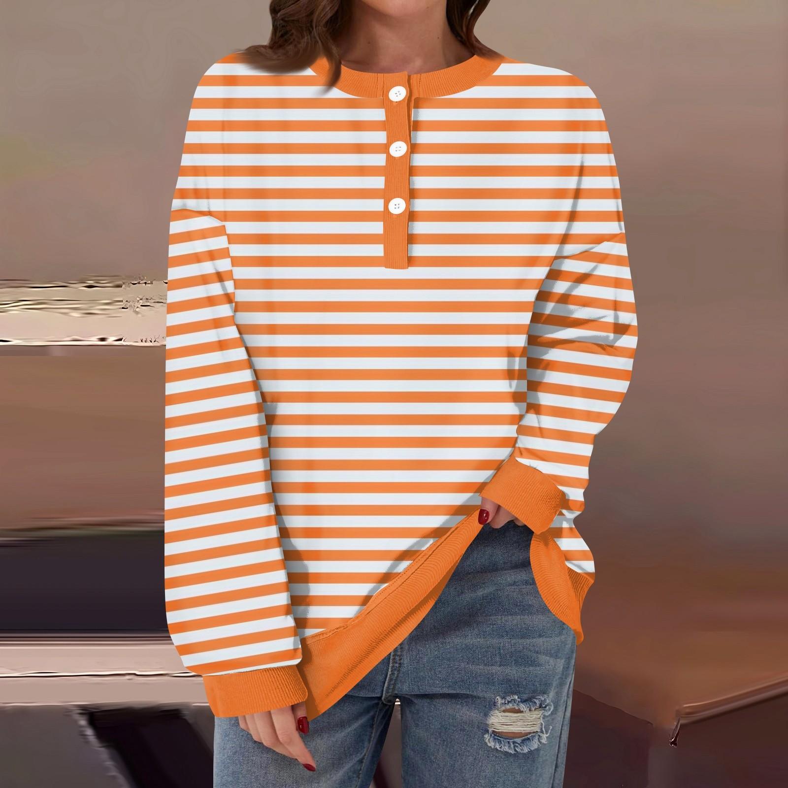 

Женская повседневная мода удобная полосатая футболка с длинным рукавом и круглым вырезом на пуговицах, свободный подол с боковыми разрезами XL шафрановый