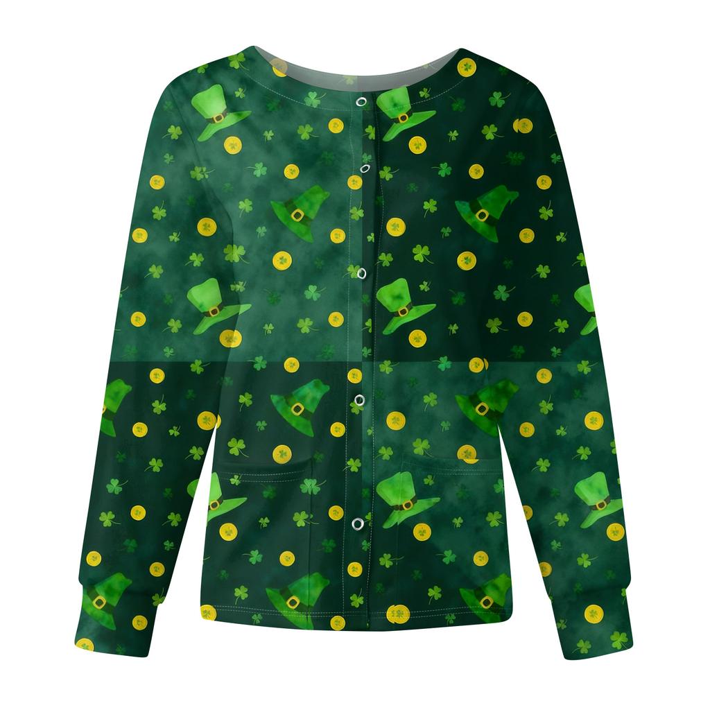 Women's Casual Fashion Long Sleeve Standing Collar Single Breasted St. Patrick's Day Print Workwear Jacket Tops