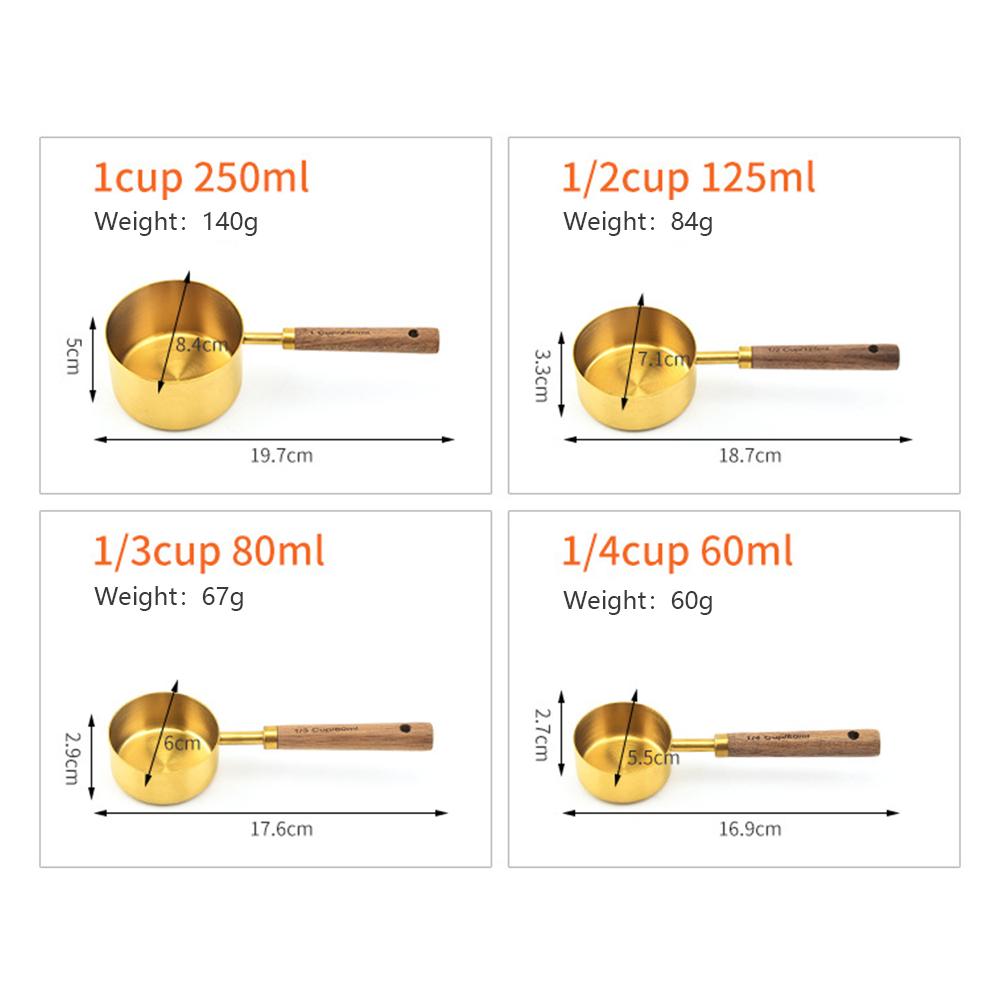 Metal Measuring Cups Set with Wooden Handle Kitchen Measure Cup Spoon Set Stainless Steel Stackable Gold Bar Baking Tools
