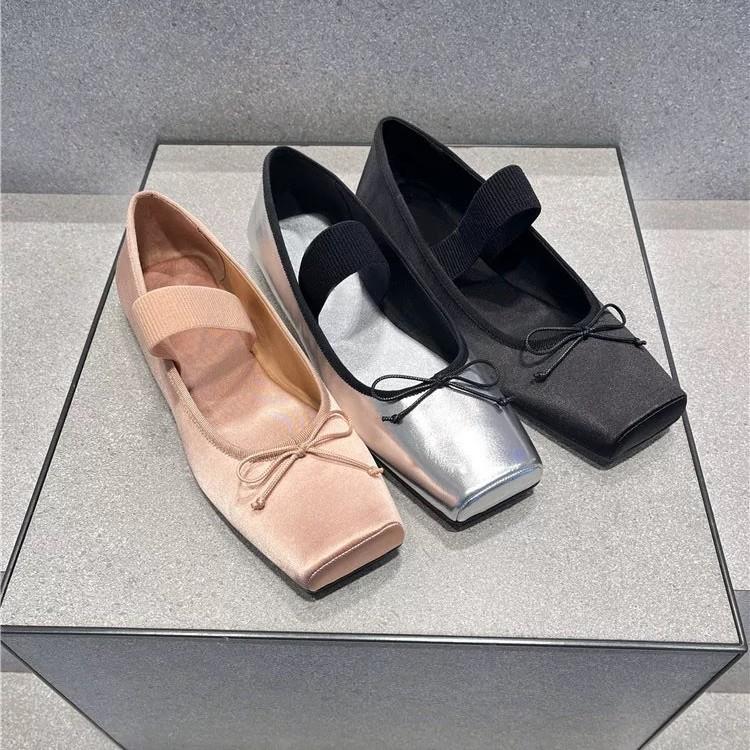 Sheepskin French Retro Square Head Flat Shoes Ballet Single Shoes Women's Word with Bow Light Mouth Mary Jane Shoes