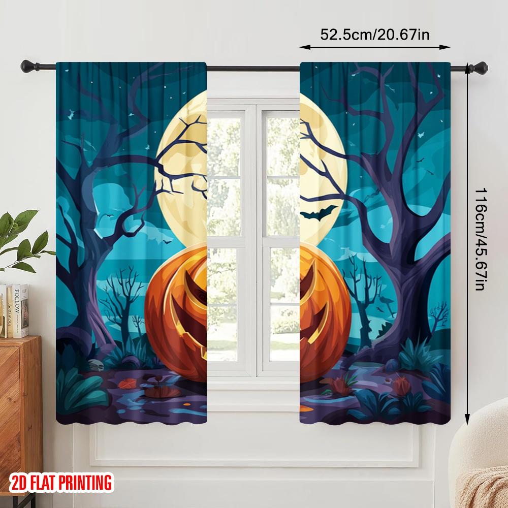 2pcs,2D Plane Printing Light Filtering Curtains Halloween Pumpkin (4) 100% Polyester (without Rod) Festive Ldeal for Bedroom and