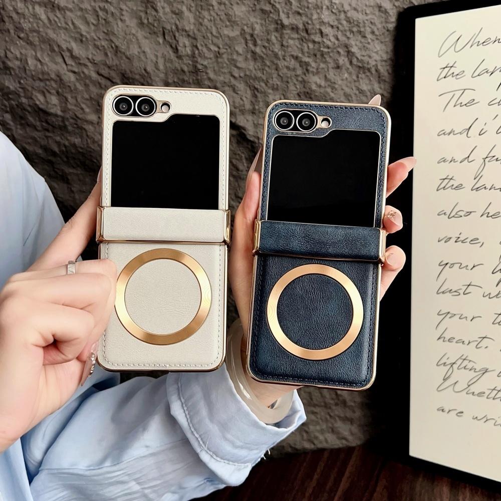 Busienss Vergoldetes Leder Magsafe Hülle für Samsung Galaxy Z Flip 7 6 5 4 3 Flip7 Flip6 Kabelloses Laden Scharnierschutzhülle