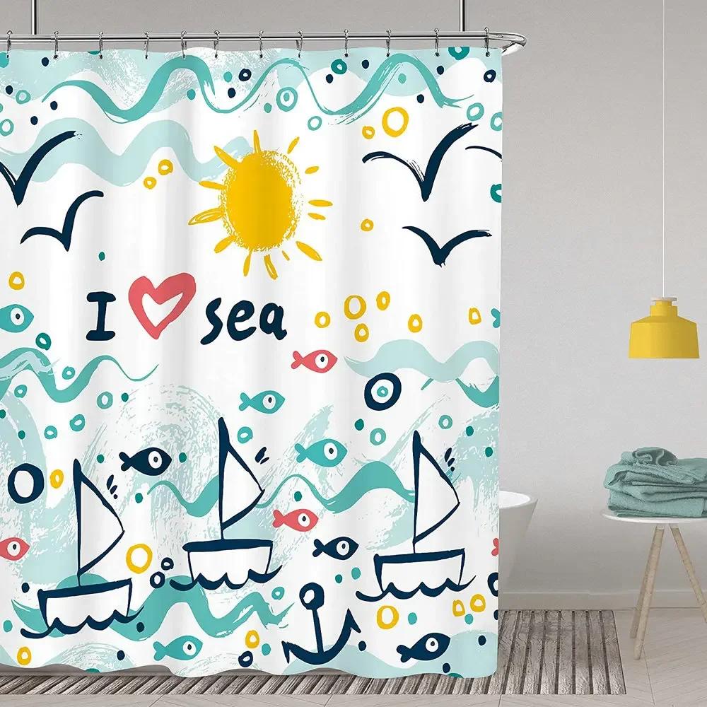 Cartoon Kids Sea Shower Curtain Nautical Ocean Fish Cute Bubbles Ships Wave Sailing Waterproof Polyester Fabric Bathroom Decor