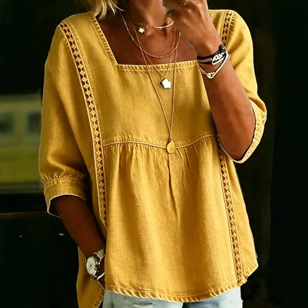 Women Denim Shirt Square Neck 3/4 Sleeve Blue Casual Top