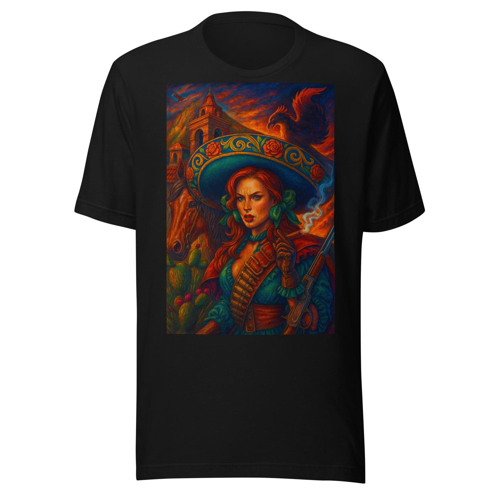 Mexican Soldadera — Revolutionary Art with Charro Hat and Epic Style Unisex t-shirt S