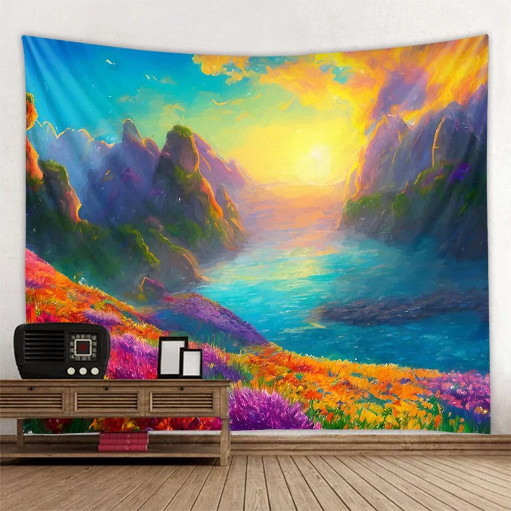 Living Room Art Decoration Tapestry Garden Scenery Oil Painting Wall Hanging Cloth Aesthetic Mural Hippie Wall Background