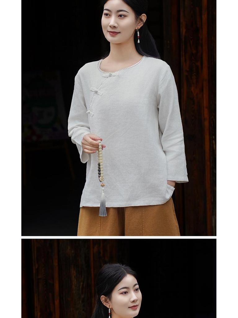 Spring & Autumn Retro Solid Color Cotton-Linen Zen Tea Top with Oblique Lapel & Frog Button