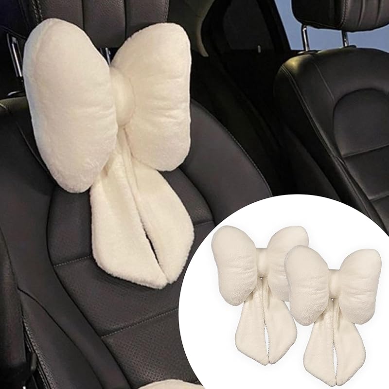 Car Neck Pillow 2PCS Plush Bowknot Car Headrest Pillow – Comfortable Neck Support for Driving Soft Touch Fabric Car Pillow Cute Girl-Style Interior белый