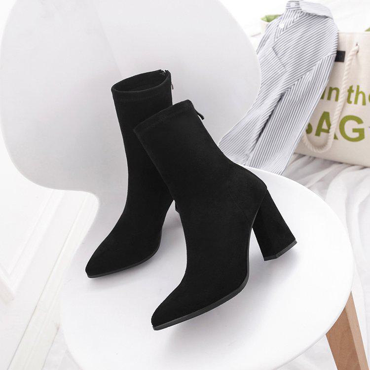 "2022 Early Spring European/American Knitted Elastic Boots: Mid-Tube Skinny Socks, Pointed High Heeled, Thick Short Women's Boots"