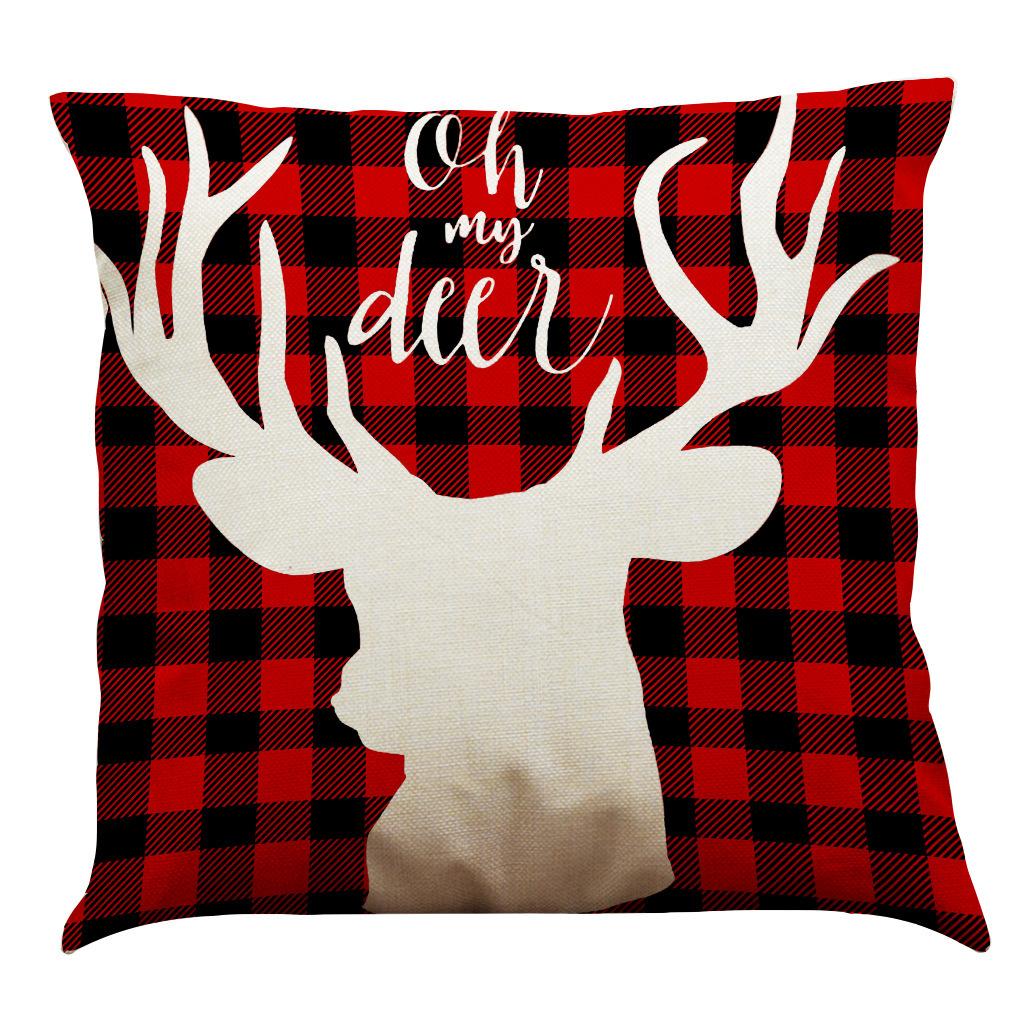 Red Plaid Elk Deep Forest Christmas Pillow Cover Home Sofa Cushion Cover