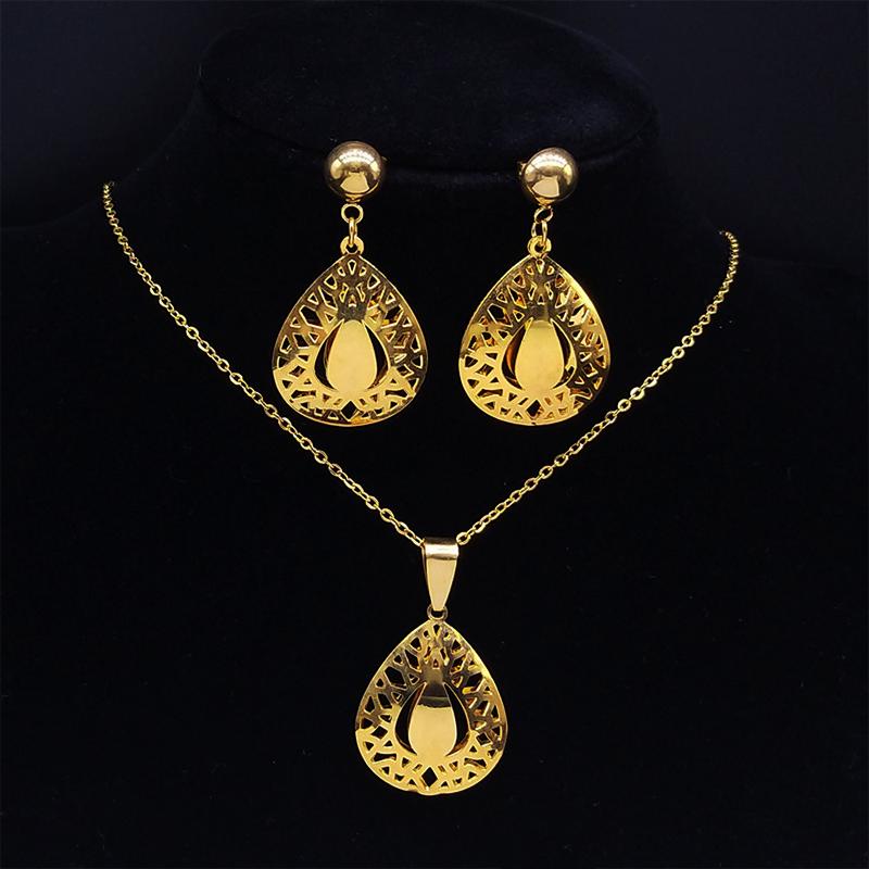 Islam Flower Stainless Steel Jewelry Sets for Women Gold Color Necklace Set Jewelry eensemble de bijoux en acier inoxydable luxe