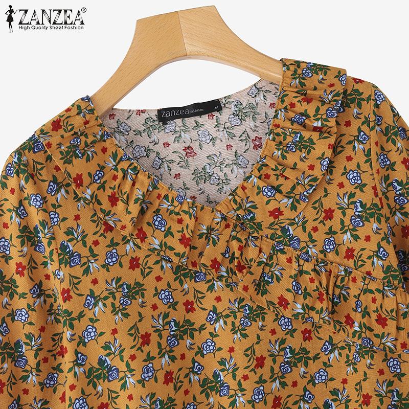 ZANZEA Women Casual V-Neck 3/4 Sleeve Loose Floral Print Blouse