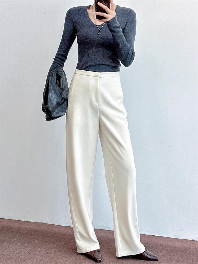Women's Wool Blend Wide-Leg Trousers: Drapey & Hip-Covering, Suitable for Spring, Autumn, Winter