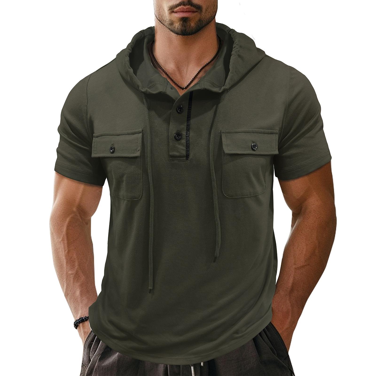 Men s Solid-color Casual And Trendy Hooded Loose Double-pocket Short-sleeved Top L