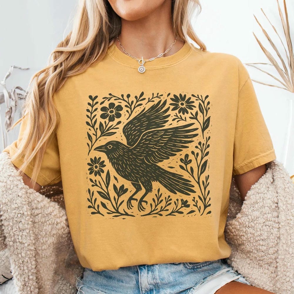Retro Folklore Waldkrähe Linolschnitt Hemd Volkskunst Linolschnitt Krähe T-Shirt Kurzarm Baumwolle Unisex Y2K Lässiges Oberteil Streetwear