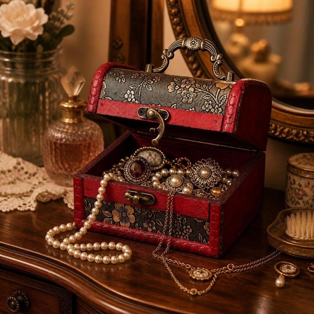 Portable Handle Wooden Jewelry Box Classical Keepsake Case Treasure Chest Box  Cosmetics Sorting