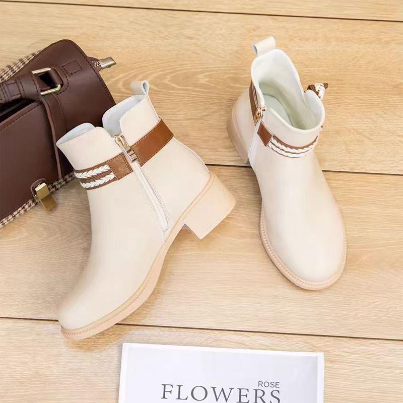 Damen Stiefeletten mit Blockabsatz - Weiches Leder im koreanischen Stil, Herbst/Winter 2025 Kollektion, Vielseitig und Figurformend für Kleider.
