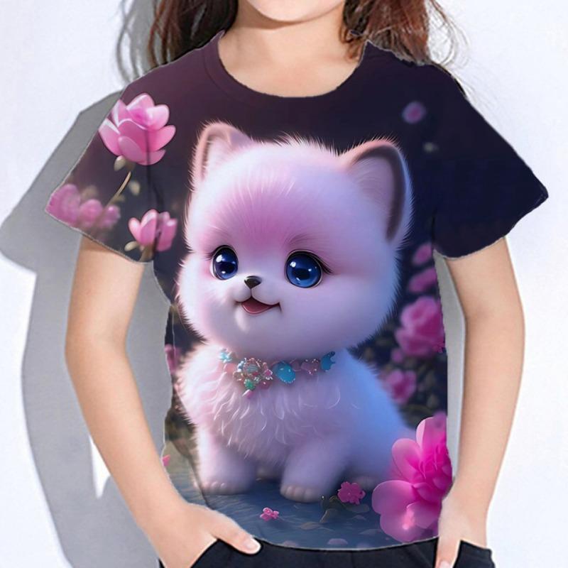 Detské Oblečenie Blúzka pre Dievčatá Kawaii Mačička Krátky Rukáv Tričko Potlač Chlapčenské Oblečenie Polyester Dievčenské Tričko Detské Tričko
