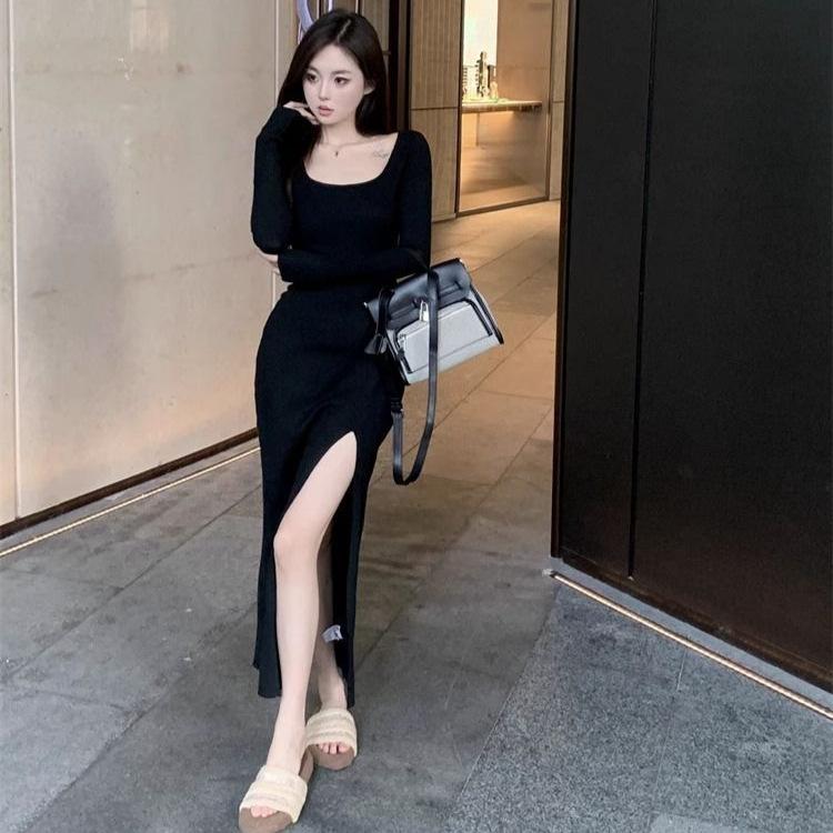 

Black sexy super body long-sleeved dress autumn royal sister slim-fitting bottom split-ended little mother style hip-wrapped long dress S чёрный
