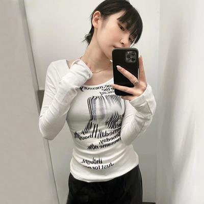 Grunge Print Long Sleeve T-shirt Korean Fashion Graphic T Shirts Y2k Aesthetics Kpop Tops Sexy Slim Tee Shirt Streetwear