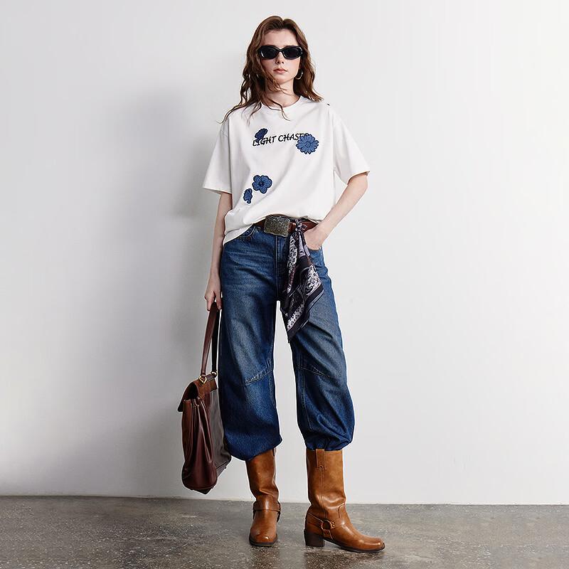 Chuyu Women's Denim Floral Short Sleeve T-Shirt