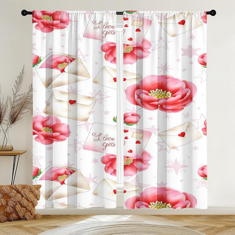 2pcs Romantic Flower & Love Letter Curtains, Perfect for Valentine's Day Window Decor, Rod Pocket Curtains