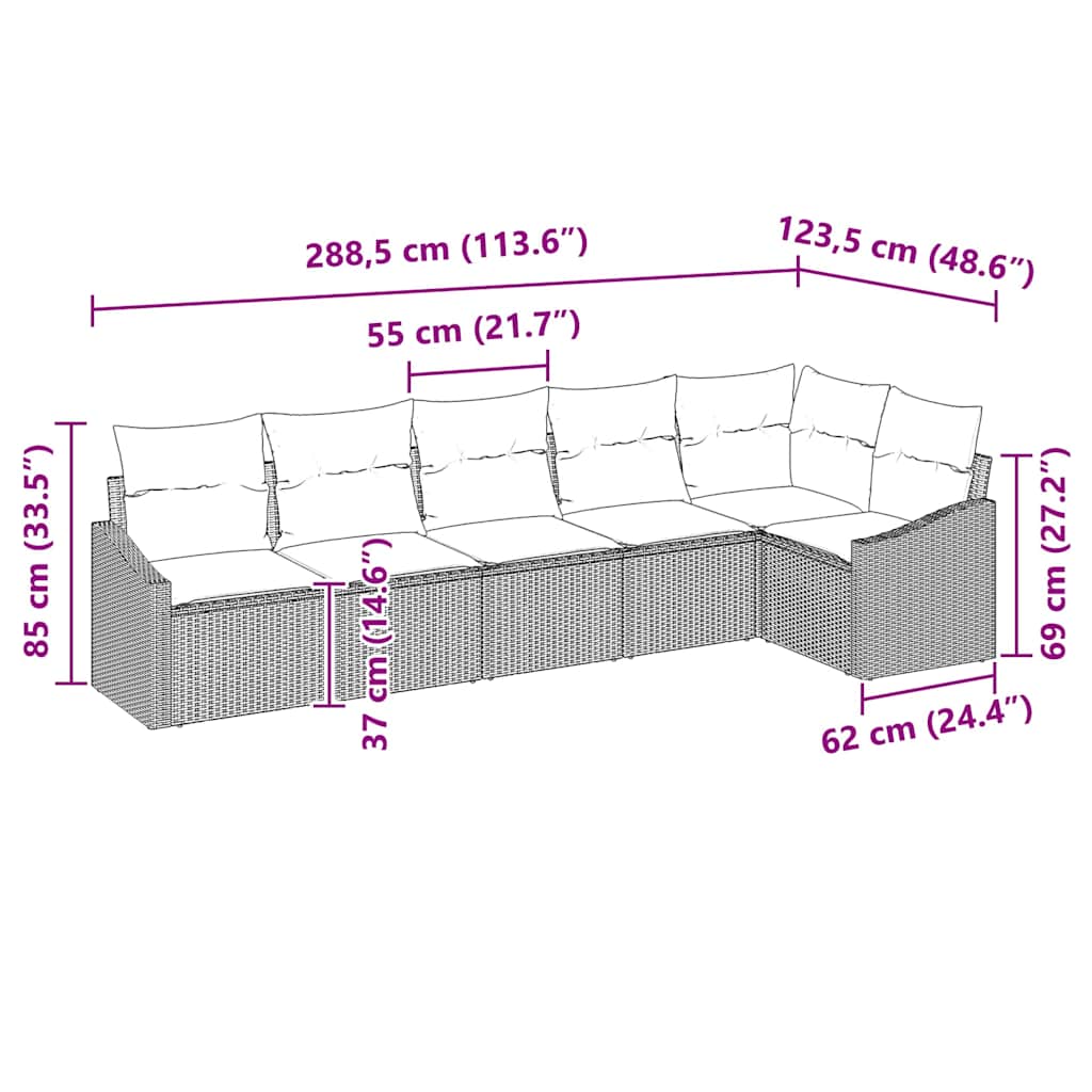 6 Piece Grey Poly Rattan Sofa Set with Cushions