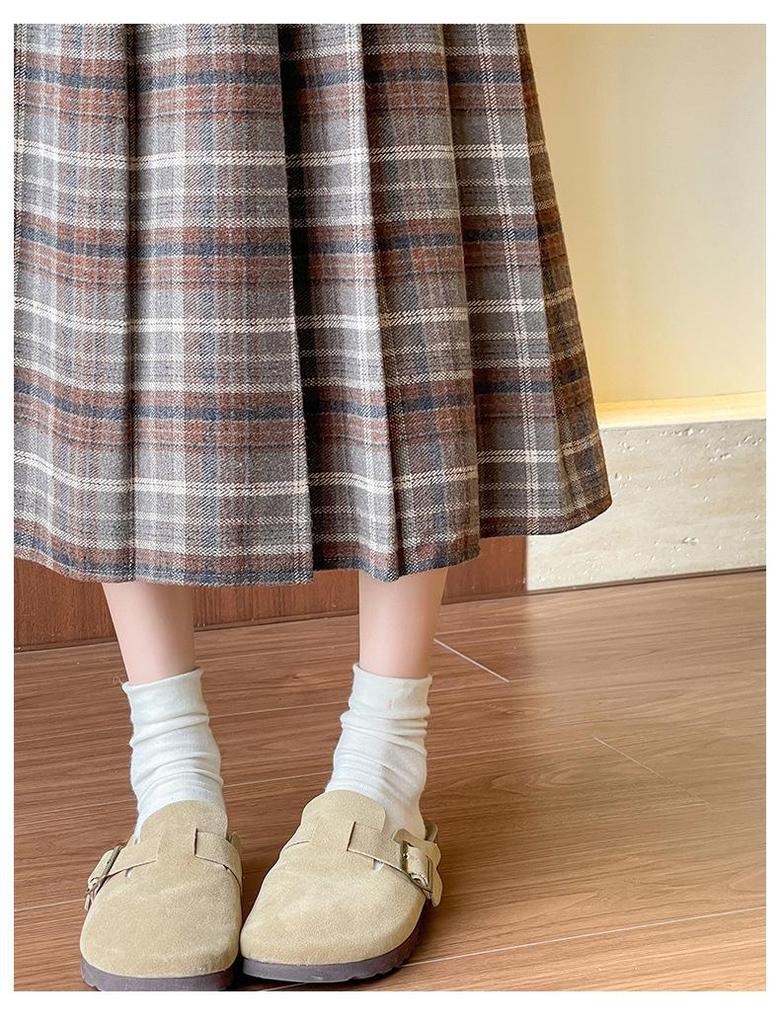 Women's High-Waist A-Line Woolen Plaid Skirt - Mid-Length, Pleated, Slimming, Elastic Waist