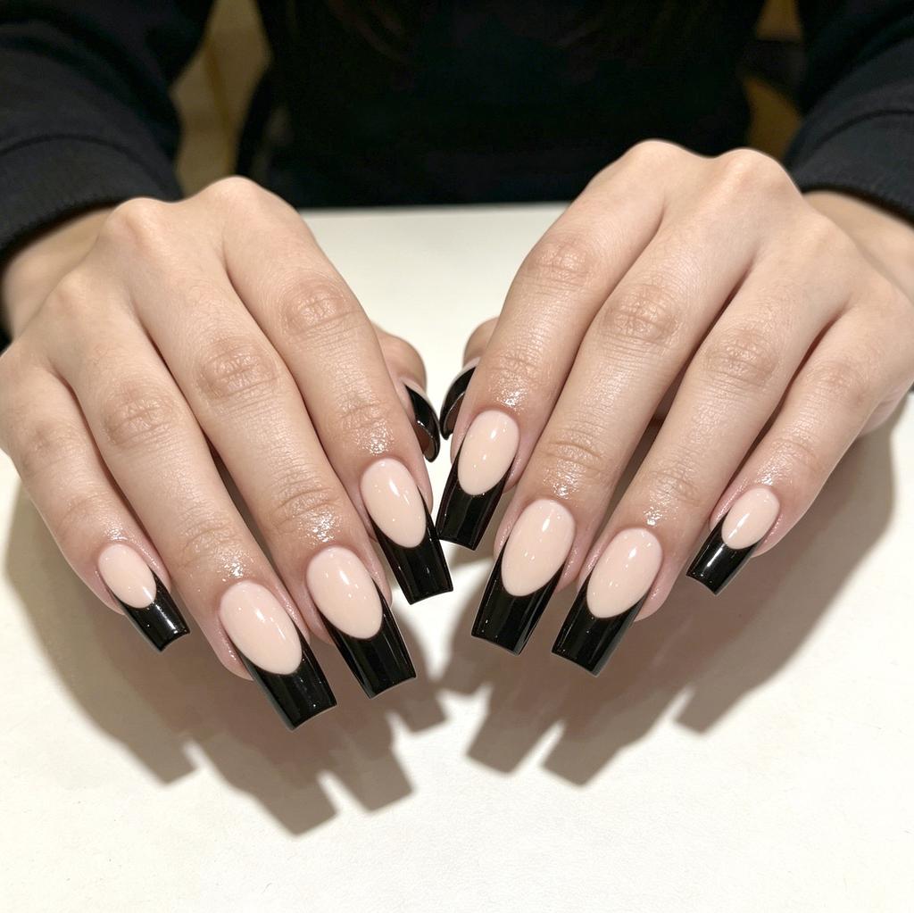 24 Pieces Of Manicure, Simple And Advanced Temperament, Black Edge French Nude Medium And Long Square Wearing Armor