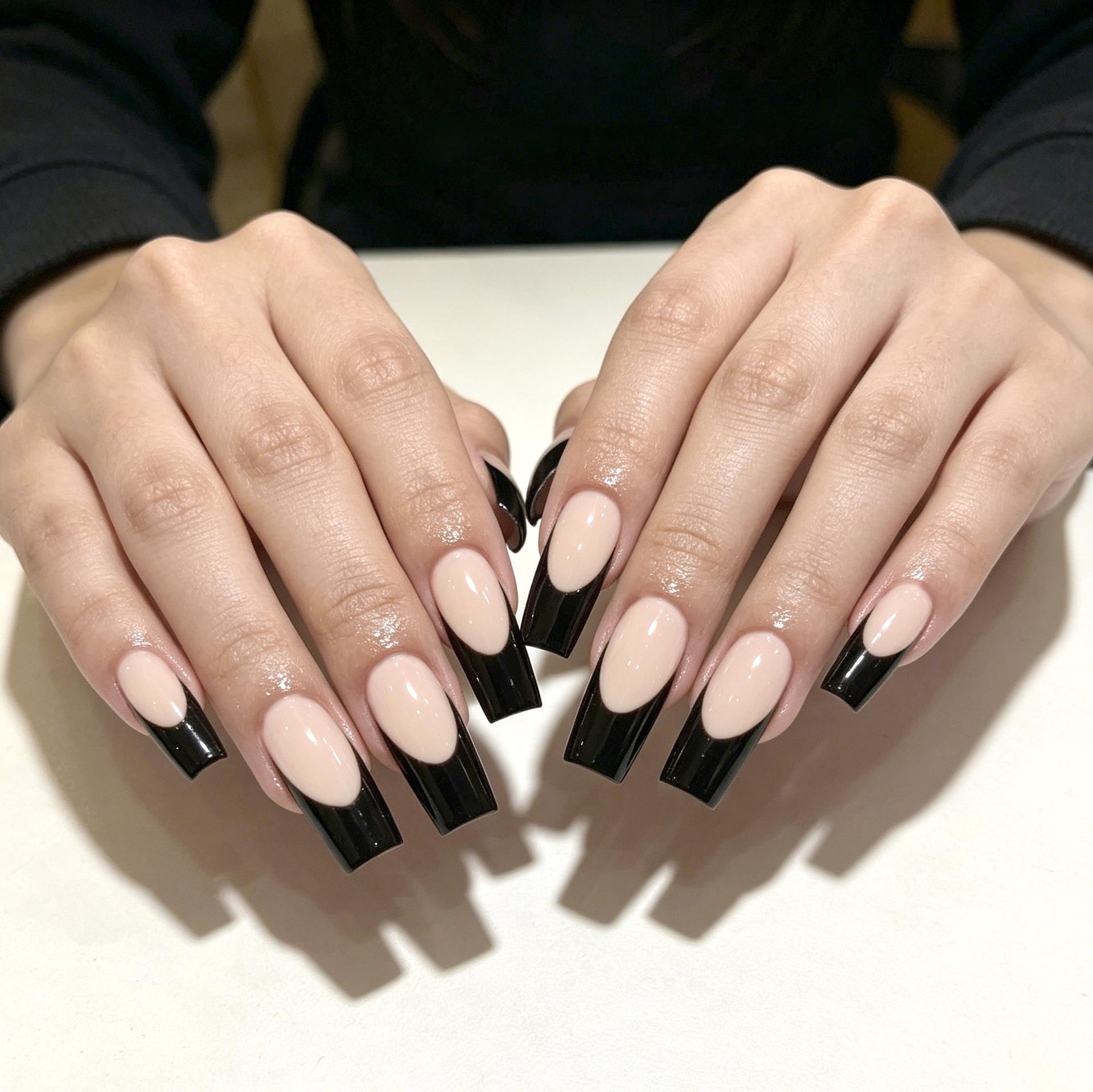 24 Pieces Of Manicure, Simple And Advanced Temperament, Black Edge French Nude Medium And Long Square Wearing Armor Jelly glue + rubbing strips*3pcs