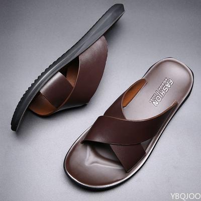 Outdoor Designer Men's Slippers Leather Trendy Cool Mop Summer Non Slip Beach Shoes Male Cross Belt Slippers Homme Zapatillas