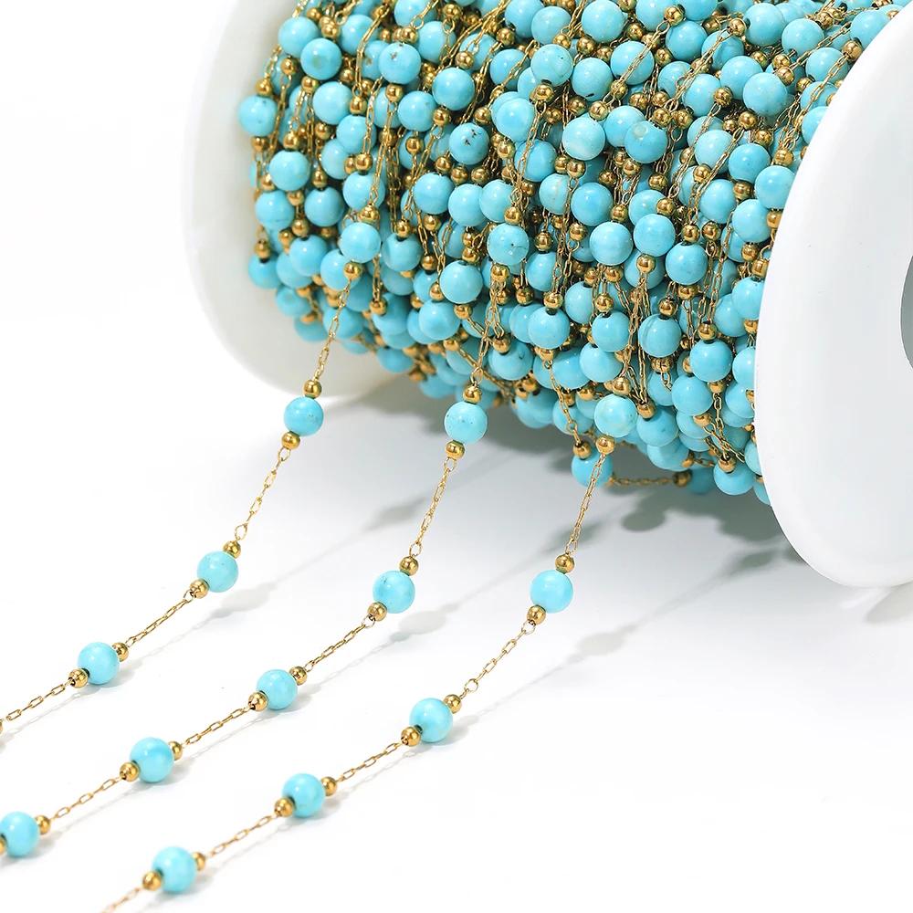 1meter Natural Stone Turquoise Amethyst Quartz Gemstone Beads Stainless Steel Wire Chains DIY Necklace Making Bracelet Findings