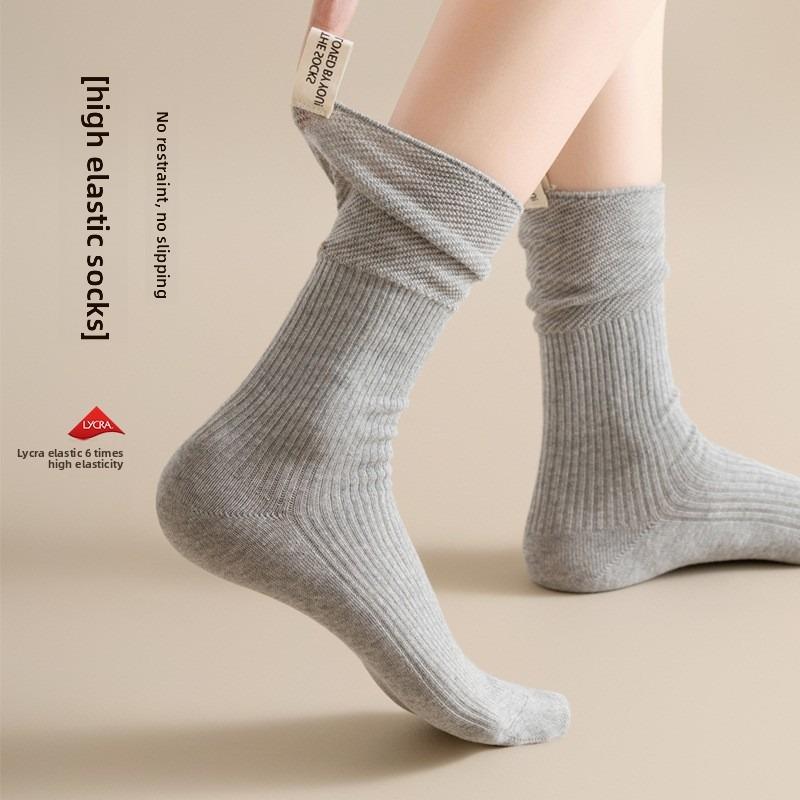 5 Pairs of Women's Autumn Solid Color Cotton Mesh Breathable Mid Tube Pile Socks