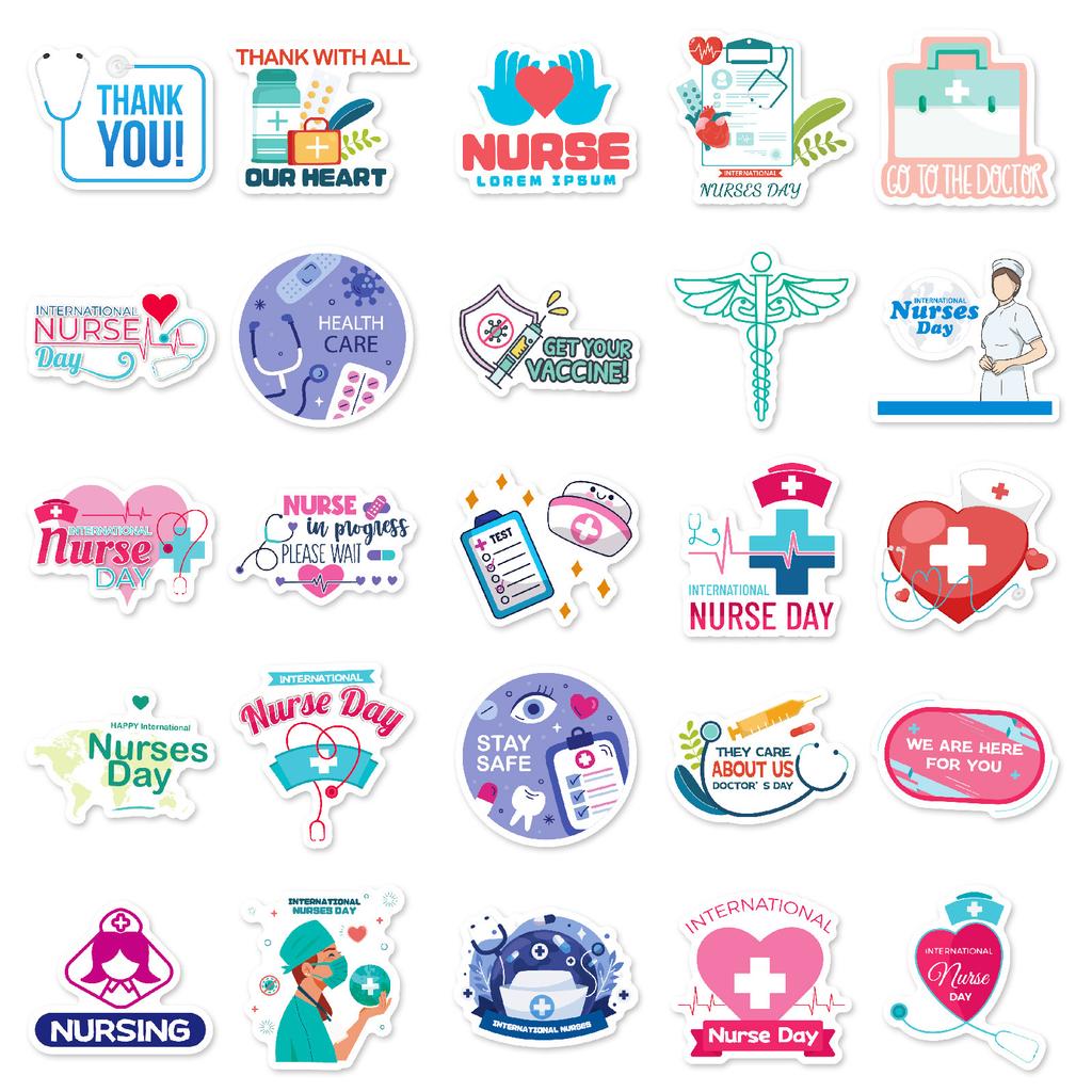 50PCS Nurse Medical Graffiti Stickers, Heart Cross Thermometer Stethoscope Element Decorative Stickers